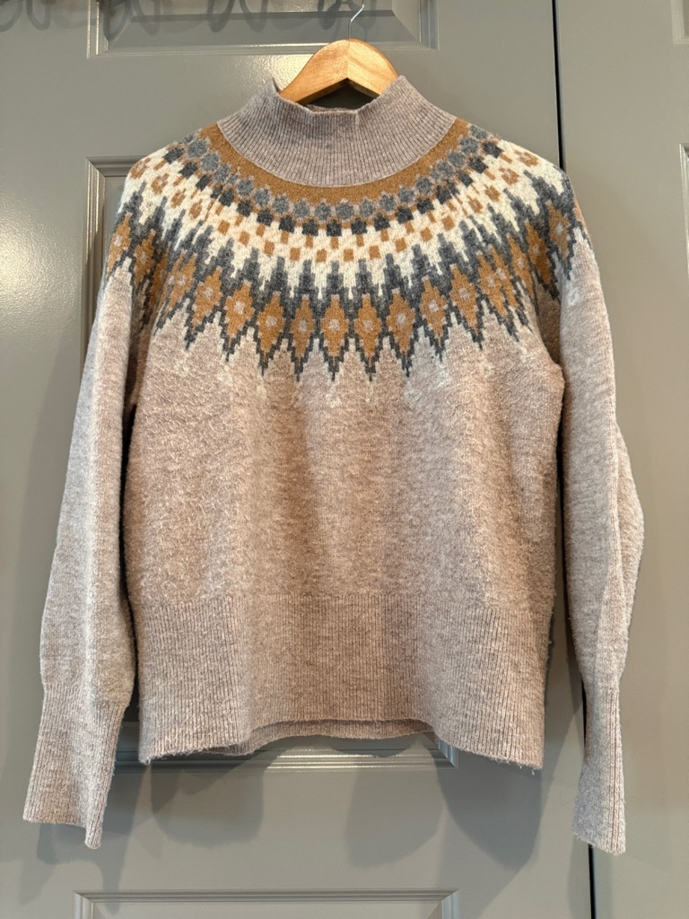 Women's Mock Neck Fair Isle Sweater - Beige & Mustard